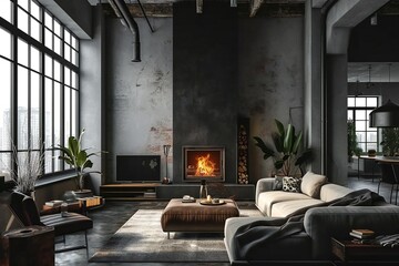 Dark living room with loft-style design.