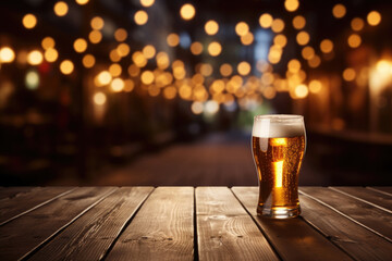 Glass of beer on wooden table on blurred bokeh background