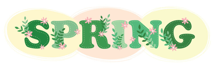 Lettering spring with leaves and flowers. Modern lettering banner, poster, background, offer. Green text spring header with pink flowers on pastel background.