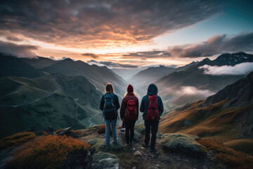 Obraz premium Group of tourists travelers hikers in the mountains