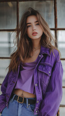 woman in purple jacket and jeans outdoors,ai