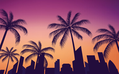 silhouette city skyline view with palm trees background