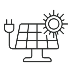 Solar panel with the sun and plug icon in line design. Panel, sun, power, renewable, photovoltaic, electricity, solar power isolated on white background vector. Solar panel editable stroke icon.