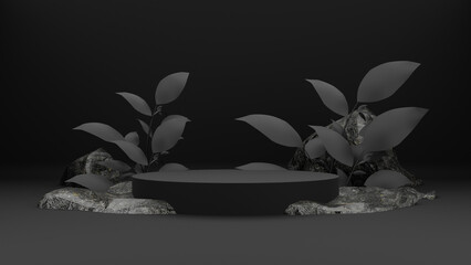 Black podium for premium products display, Black rock marble nature advertising cosmetic concept and tree on black background. 3d rendering