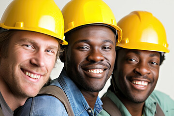 Close-up of three builders smiling at the camera on a white background