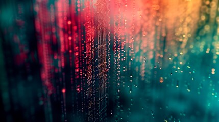 Multi colored blurred city lights through glass covered with raindrops