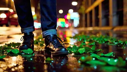 A close-up shot captures the moment a man treads carefully amongst scattered green wet leaves on a city road after dark.