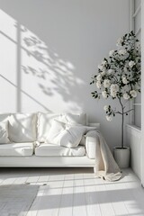 Living room interior with a white sofa and flowers. Vertical