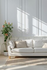 Living room interior with a white sofa and flowers. Vertical