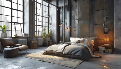 Luxury bedroom interior with minimal decor and loft design.