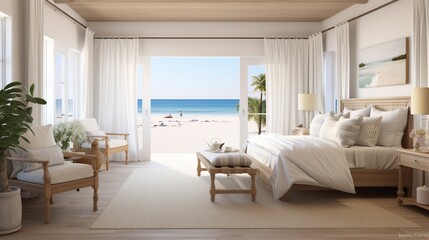 A bedroom with a beachy, coastal vibe, featuring seashell decor, light, breezy curtains, and a sandy color palette