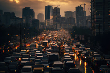 Obraz premium Cars in a traffic jam on the highway during rush hour