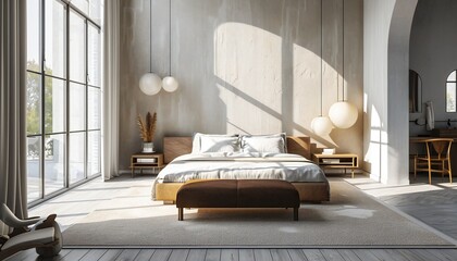 Luxury bedroom interior with minimal decor and loft design.