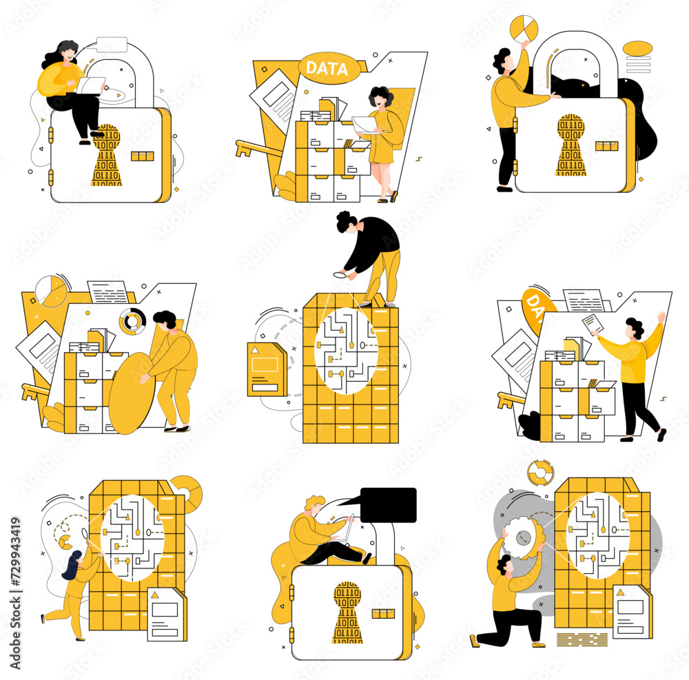Poster data mining vector illustration. digital databases are treasure troves where valuable information is