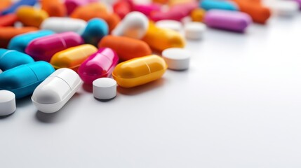 Colorful pills on a white background.