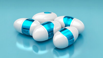 Group of blue and white medicine pill capsules on blue background. Antibiotics