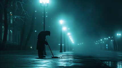 A street sweeper is working on sweeping the streets at night. Meanwhile, the road was quiet with no cars passing by.