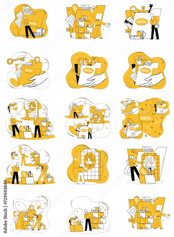 Poster data mining vector illustration. processing information is compass guiding seeker through intricate 