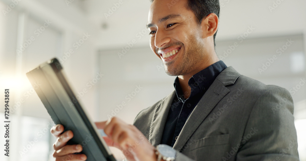 Poster business man, tablet and happy for stock market results, investment planning or reading financial re
