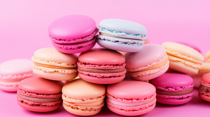 Fototapeta na wymiar Colorful French macarons on pink background
