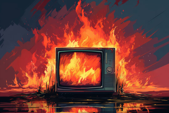burning retro tv, broken equipment concept, fire safety