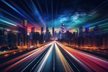 Fototapeta na wymiar A captivating city skyline at night with streaking light trails on the highway and an ethereal cosmic sky, blending urban life with celestial wonder