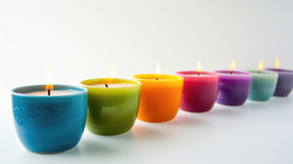 Obraz na płótnie Canvas Vibrant, colorful candles lined up against a clean white background, each candle burning brightly
