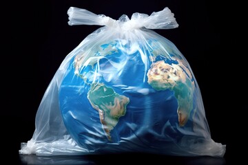 The Earth is depicted inside a clear plastic bag, symbolizing the critical issue of plastic pollution affecting our planet, set against a stark black background