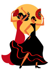 two spanish girls with red fan dancing flamenco - 729945045