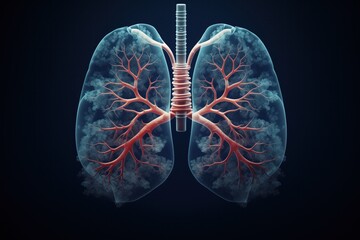A detailed anatomical image of the lungs and trachea, highlighting the vascular tree within, set against a deep blue background to emphasize the respiratory system's complexity and function - obrazy, fototapety, plakaty