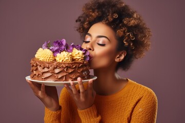 A young woman with eyes closed in delight, gently kisses a beautifully decorated chocolate cake topped with vibrant purple flowers and yellow frosting, expressing her love for the sweet confection
