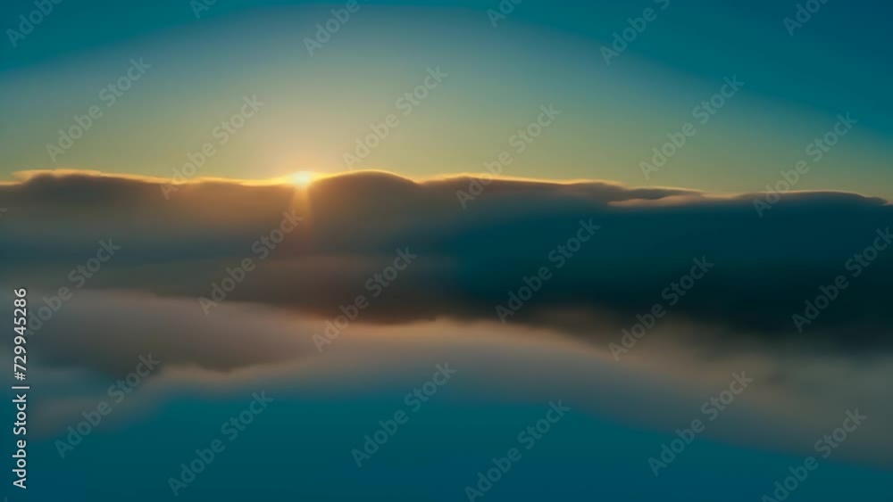 Poster soaring above the clouds at sunset - sun setting above a thick blanket of clouds, casting a warm and