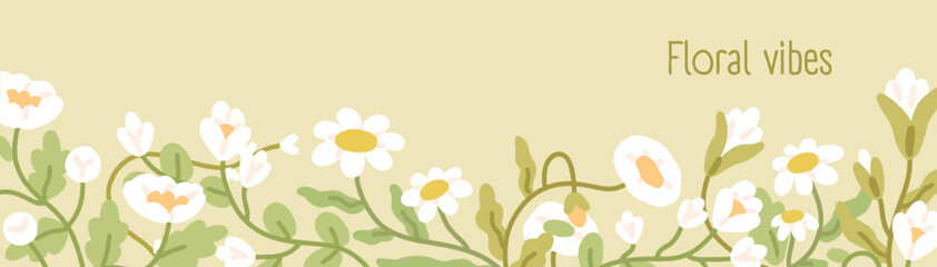 Floral banner background. Spring flowers, horizontal nature card. Gentle delicate field plants, summer blooms, blossomed wildflowers, meadow herbs. Botanical design. Flat vector illustration