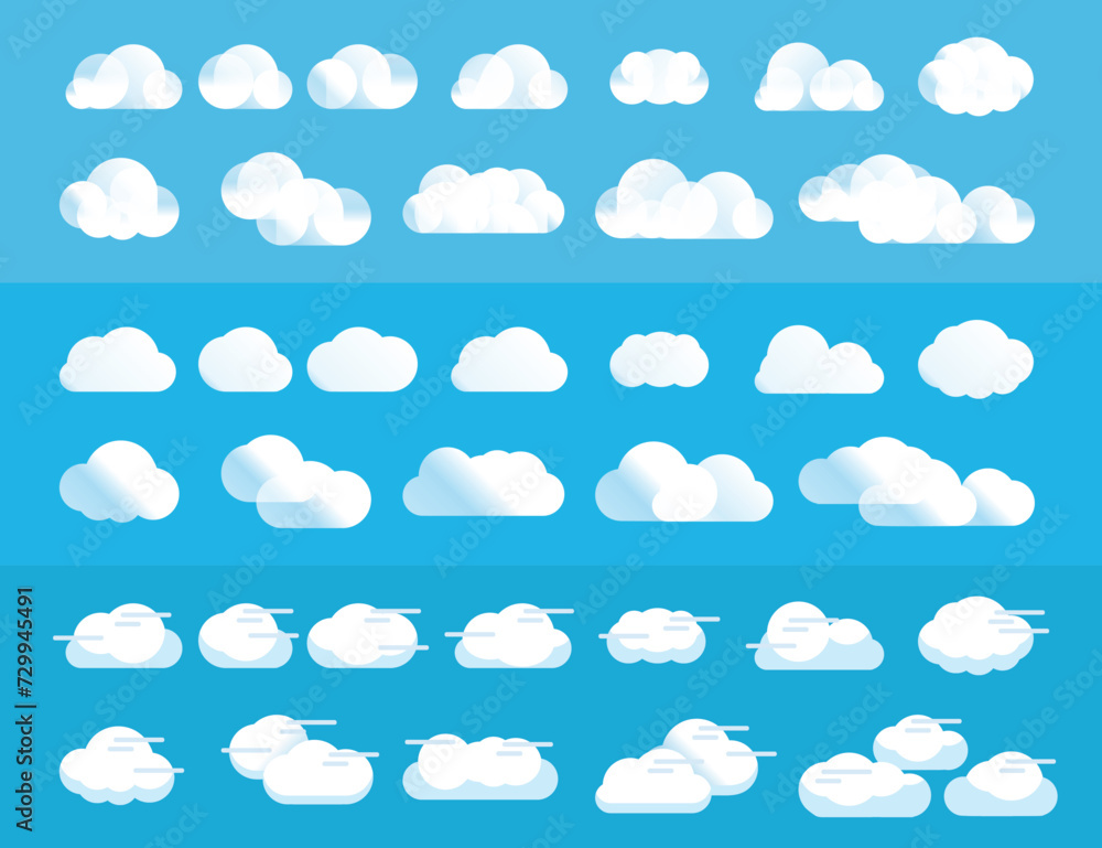 Aufkleber set of gradient cartoon clouds in a flat design. abstract white cloudy set isolated on blue backgrou