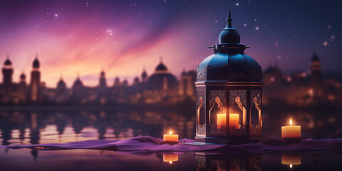 Arabic lantern with sunset over the city in the background and copyspace. Ramadan holiday concept. - obrazy, fototapety, plakaty