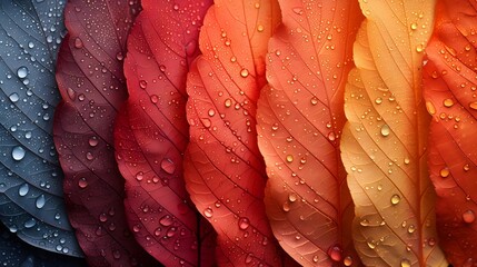 A vibrant gradient of leaves with fresh water droplets, showcasing nature's textures and colors...