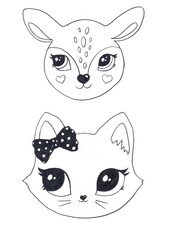 Illustration of cute cat, kitten. Baby, child, cute portrait. Deer, little face, little animal, pet. White character, black graphic. Stickers, wall art, kids room decoration, cutie full face