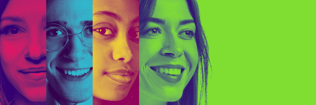 Collage. Young people different gender, age and nationality smiling against multicolored background. Duotone. Concept of youth, diversity, human emotion, equality. Banner