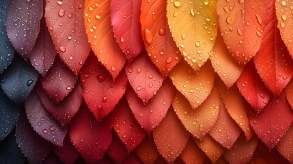 A vibrant gradient of leaves with fresh water droplets, showcasing nature's textures and colors after rain.