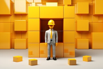 A businessman stands on a stack of cardboard boxes while holding one in 3D-rendered illustration