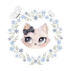 Illustration of cute cat, kitten. Baby, child, cute portrait. Little face, little animal, pet. White character, black graphic. Stickers, wall art, kids room decoration, cutie full face, wreath