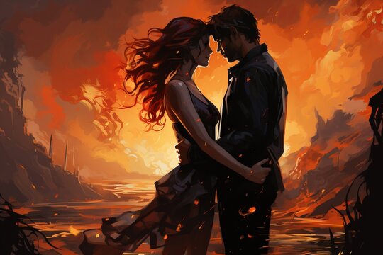 A demon man and an angel woman, in a mysteriously lit room with floating dust in the air. Concept: fantasy, romantic costume events or love and metaphors. Atmosphere of mysticism and romance
