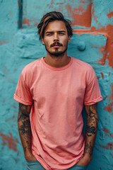 Obraz premium Sophisticated Apparel Branding, Professional Logo Mockup on Male Pink T shirts Flat Lay Presentation