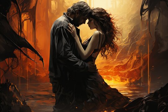 A demon man and an angel woman, in a mysteriously lit room with floating dust in the air. Concept: fantasy, romantic costume events or love and metaphors. Atmosphere of mysticism and romance
