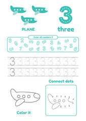 Learn number 3 for preschool kids. Many games on one page. Color, dot to dot, trace