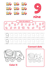 Learn number 9 for preschool kids. Many games on one page. Color, dot to dot, trace