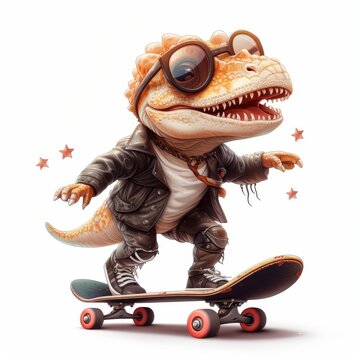Happy dino in leather coat and spectacles skateboards alone on white, perfect for design and print