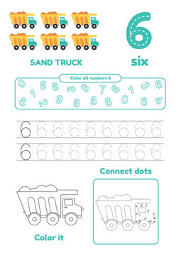Learn number 6 for preschool kids. Many games on one page. Color, dot to dot, trace
