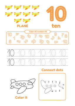 Learn number 10 for preschool kids. Many games on one page. Color, dot to dot, trace