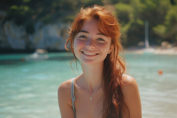 Portrait of a girl with red hair smiling at the beach
